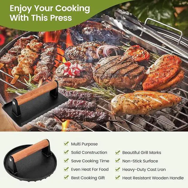 Alt view image 3 of 5 - Blackstone Burger Press Set - 7" Round Smash Burger Press & 8"x4" Rectangle Cast Iron Grill Press with Wooden Handle - Smasher is Perfect for Blackstone Griddle, Pitboss Weber Griddle Grills