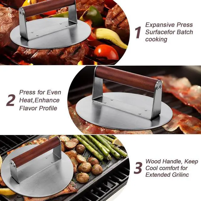 Alt view image 2 of 7 - Extra Large Stainless Steel Burger Press, 8.5" NonStick Hamburger Smasher Tool & Grill Press, 2.5 lbs Heavy Duty Bacon Press with Wood Handle for Blackstone Camp Chef Pitboss Weber Griddle Grills
