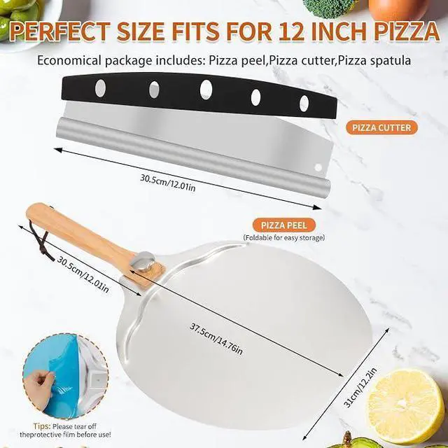 Main image of 12 x 14 Aluminum Pizza Peel Set, Pizza Paddle with Foldable Handle | Pizza Paddle & Rocker Cutter for Pizza Ovens, Bread, Dough & Pastry, Foldable Wooden Handle for Easy Storage