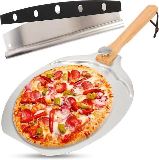 Alt view image 2 of 6 - 12 x 14 Aluminum Pizza Peel Set, Pizza Paddle with Foldable Handle | Pizza Paddle & Rocker Cutter for Pizza Ovens, Bread, Dough & Pastry, Foldable Wooden Handle for Easy Storage
