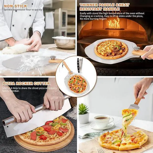 Alt view image 4 of 6 - 12 x 14 Aluminum Pizza Peel Set, Pizza Paddle with Foldable Handle | Pizza Paddle & Rocker Cutter for Pizza Ovens, Bread, Dough & Pastry, Foldable Wooden Handle for Easy Storage