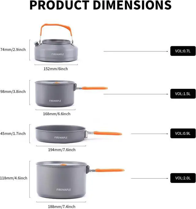 Alt view image 6 of 7 - Feast Outdoor Camping Cookware Set, Portable Stackable Cooking Pot and Pan Kit with Kettle, Saucepans and Spatula for Hiking, Fishing and Backpacking