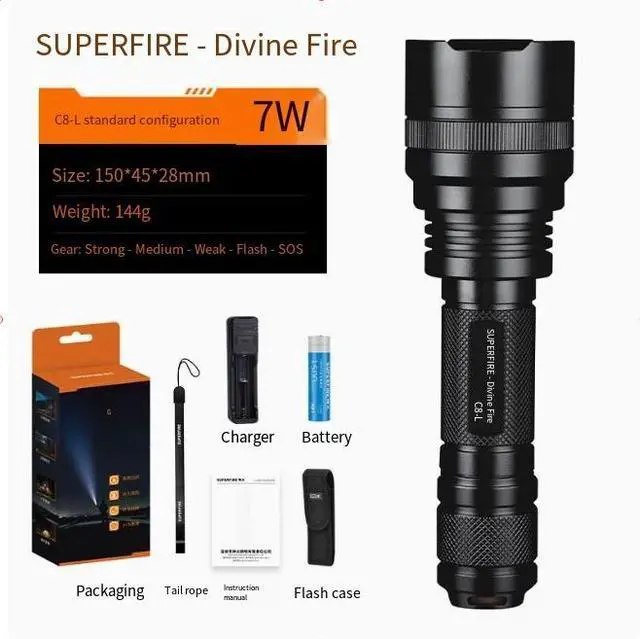 Alt view image 5 of 5 - waterproof outdoor LED rechargeable security patrol portable self-defense multi-functional high-intensity flashlight wholesale C8-R5 range 300m+ power 8W