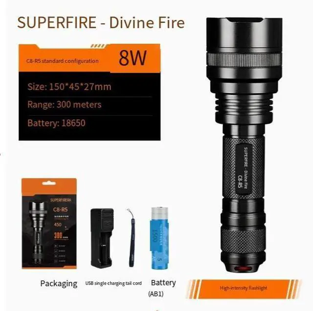 Main image of waterproof outdoor LED rechargeable security patrol portable self-defense multi-functional high-intensity flashlight wholesale C8-R5 range 300m+ power 8W