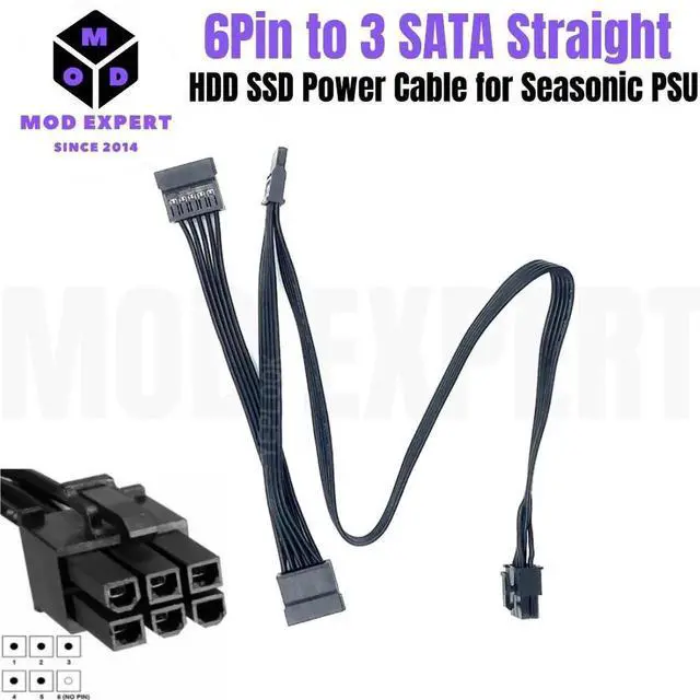 Alt view image 5 of 5 - 6Pin to 3 SATA Straight SSD HDD Power Cable for Seasonic PRIME, FOCUS, Platinum, CORE, M12II EVO, SnowSilent 1500W, 1200W, 1000W, 850W, 750W, 650W, 550W, 500W, 450W Modular Power