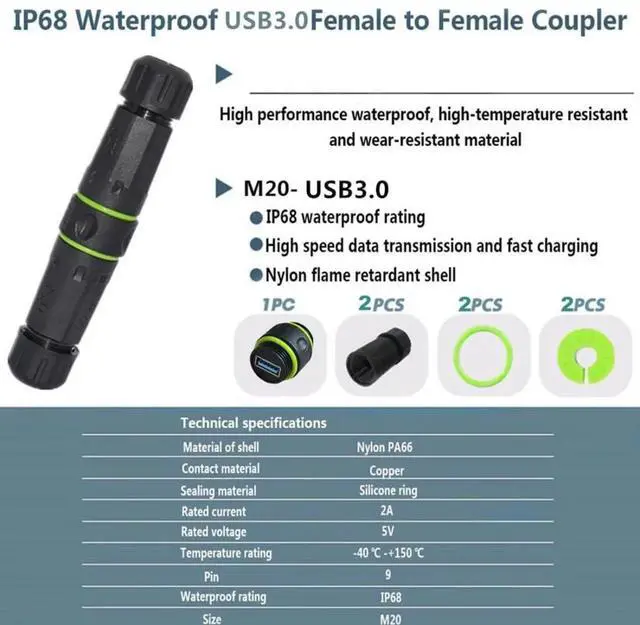 Alt view image 2 of 5 - USB 3.0 Waterproof Coupler,IP68 USB 3.0 Type-A 5Gbps Female to Female Data/Power Outdoor Cable Extension Waterproof Adapter
