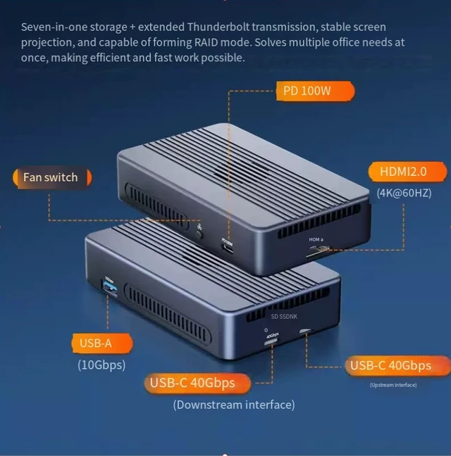 Alt view image 2 of 5 - Thunderbolt 4 Dual Bay NVMe SSD Enclosure with Docking Station, 7-in-1 USB4 40Gbps RAID Hard Drive Dock, HDMI2.0 4K@60Hz, PD 100W Charging, USB-A 10Gbps, Aluminum External Storage Array for Video Edit
