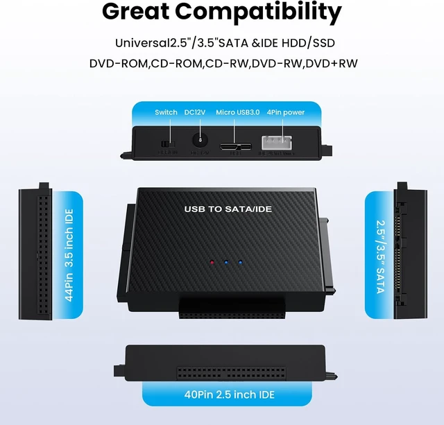 Alt view image 4 of 5 - Hard Drive Reader USB 3.0 to SATA IDE Adapter, IDE SATA to USB + Type C External Data Recovery Converter Kit for Universal 2.5 3.5 HDD SSD Hard Drive Disk, with 12V/2A Power Adapter