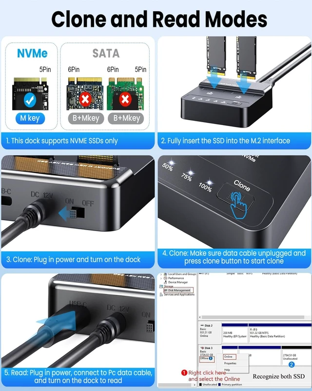 Alt view image 6 of 7 - Dual Bay NVMe SSD Cloner & Duplicator - 20Gbps USB 3.2 Gen 2x2 M.2 Enclosure Dock, Tool-Free Offline Clone Reader/Adapter for PCIe NVMe SSDs (M-Key/B+M Key) Supports 2230 2242 2260 2280 22110