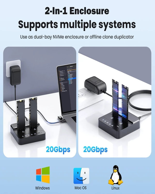 Alt view image 4 of 7 - Dual Bay NVMe SSD Cloner & Duplicator - 20Gbps USB 3.2 Gen 2x2 M.2 Enclosure Dock, Tool-Free Offline Clone Reader/Adapter for PCIe NVMe SSDs (M-Key/B+M Key) Supports 2230 2242 2260 2280 22110