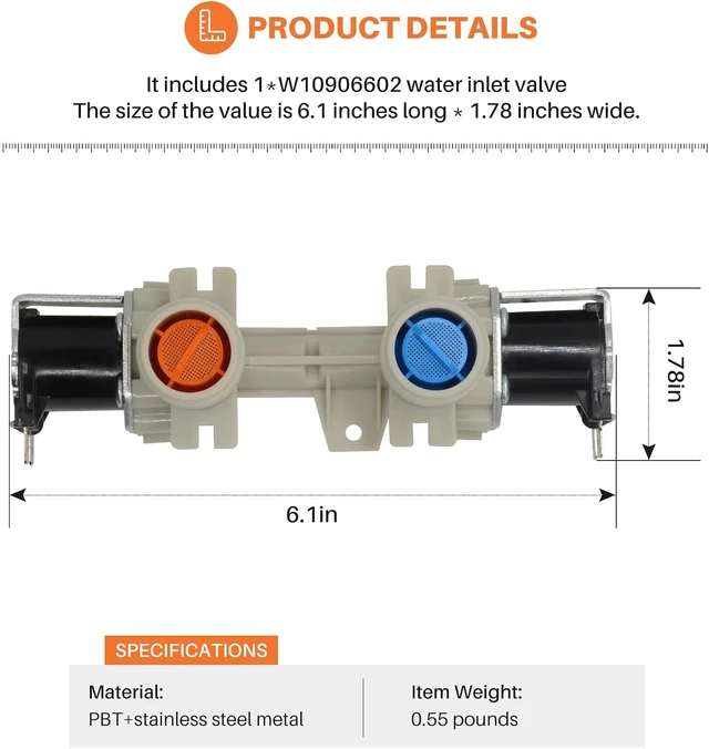 Alt view image 3 of 7 - W10906602 Washer Water Inlet Valve Replacement for Whirlpool Kenmore Amana