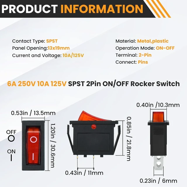 Alt view image 6 of 7 - 2 Pin 2 Position Boat Shaped Rocker Switch,2 Pack