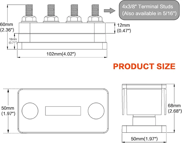 Alt view image 5 of 7 - 2 pcs 600A High Current Bus Bar with 4 Studs (3/8 inch) M10 Nickel Plated Copper Distribution Block Ideal for Electrical Battery Ground Buss Bar Connections with Cover 300 V AC/12-48 V DC