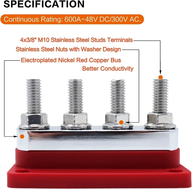 Alt view image 6 of 7 - 2 pcs 600A High Current Bus Bar with 4 Studs (3/8 inch) M10 Nickel Plated Copper Distribution Block Ideal for Electrical Battery Ground Buss Bar Connections with Cover 300 V AC/12-48 V DC
