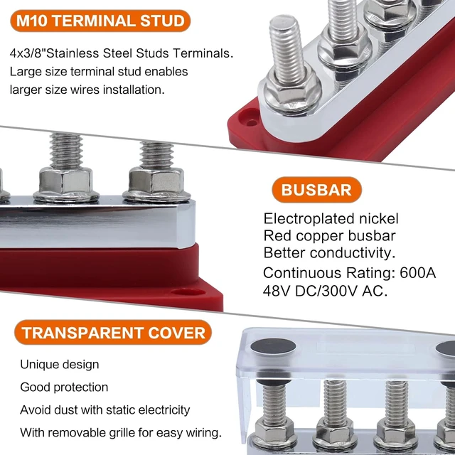 Alt view image 3 of 7 - 2 pcs 600A High Current Bus Bar with 4 Studs (3/8 inch) M10 Nickel Plated Copper Distribution Block Ideal for Electrical Battery Ground Buss Bar Connections with Cover 300 V AC/12-48 V DC