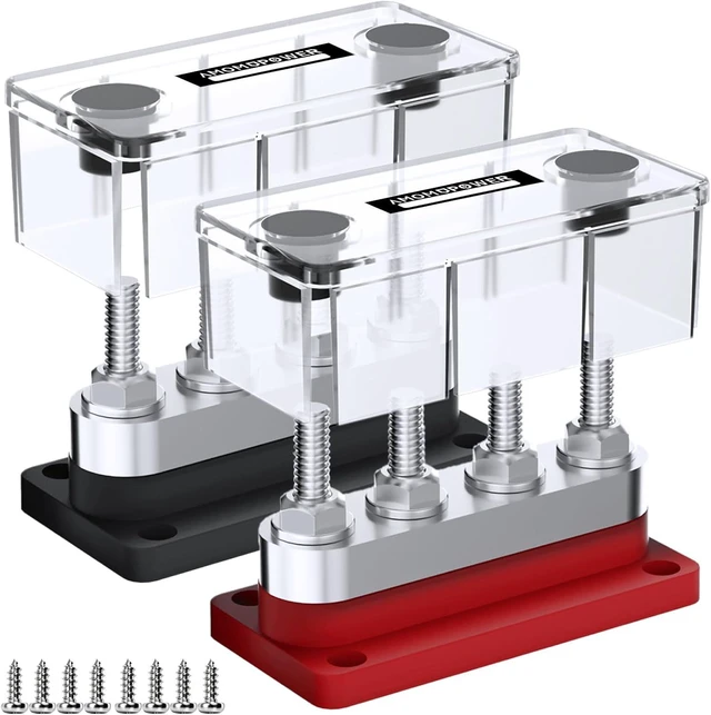 Main image of 2 pcs 600A High Current Bus Bar with 4 Studs (3/8 inch) M10 Nickel Plated Copper Distribution Block Ideal for Electrical Battery Ground Buss Bar Connections with Cover 300 V AC/12-48 V DC