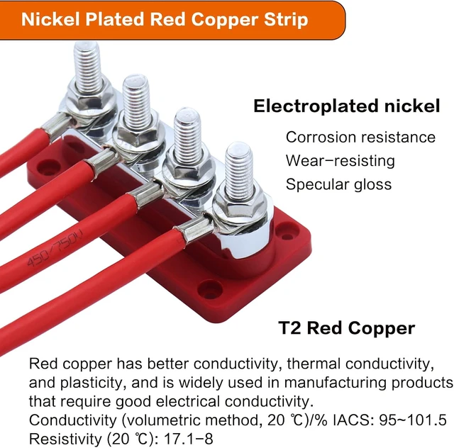 Alt view image 7 of 7 - 2 pcs 600A High Current Bus Bar with 4 Studs (3/8 inch) M10 Nickel Plated Copper Distribution Block Ideal for Electrical Battery Ground Buss Bar Connections with Cover 300 V AC/12-48 V DC