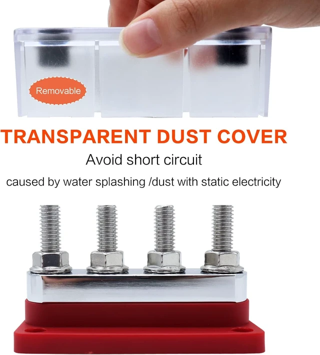 Alt view image 2 of 7 - 2 pcs 600A High Current Bus Bar with 4 Studs (3/8 inch) M10 Nickel Plated Copper Distribution Block Ideal for Electrical Battery Ground Buss Bar Connections with Cover 300 V AC/12-48 V DC