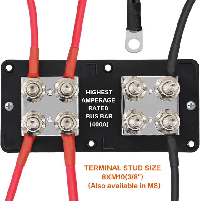 Alt view image 3 of 7 - Heavy Duty 400A 12-48V Tin-Plated Copper Block Bus Bar 8xM10(3/8") Studs Independent Modular Positive Negative Ground Battery Junction Block Buss Bar for Solar System Marine Truck Boat