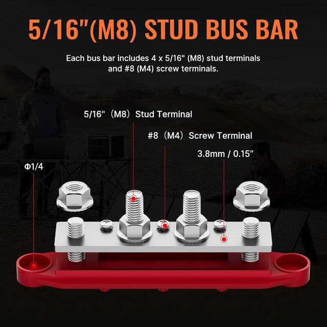 Alt view image 6 of 6 - Joinfworld Power Distribution Block Bus Bar 12V 250A with 4 x 5/16"(M8) Studs Marine Bus Bar 12 Volt DC Battery Busbar Terminal Block for Automotive, Car, Boat, Solar Wiring - Negative&Positive