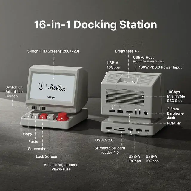 Alt view image 2 of 7 - i5 Retro PC-Style Docking Station, 5" HD Screen, 10Gbps M.2 NVMe SSD Enclosure, 65W Host Charge for Laptop/MacBook, Mechanical Hotkeys, HDMI-in, Micro/SD 4.0,