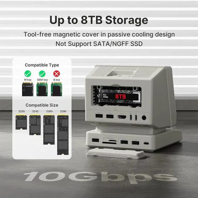 Alt view image 3 of 7 - i5 Retro PC-Style Docking Station, 5" HD Screen, 10Gbps M.2 NVMe SSD Enclosure, 65W Host Charge for Laptop/MacBook, Mechanical Hotkeys, HDMI-in, Micro/SD 4.0,