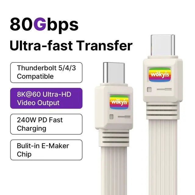Alt view image 2 of 7 - 80Gbps USB4 Flat Cable, 3.3ft/1m, 240W Charging, 8K@60Hz Video, Compatible with Thunderbolt 5/4/3