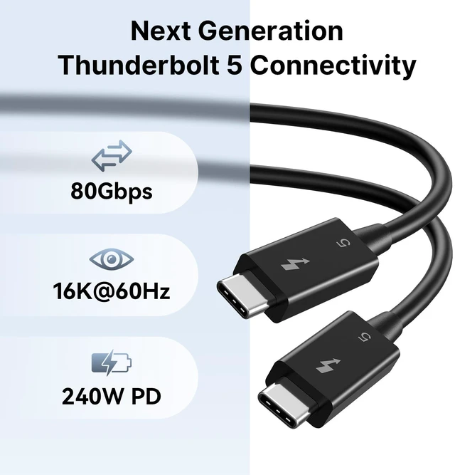 Alt view image 3 of 7 - Wokyis TBT5 Thunderbolt 5 Cable 3.3ft/1m, Intel Certified, 80Gbps/120Gbps Bandwidth Boost, 240W PD 3.1, 8K 60Hz, USB-C to USB-C, Compatible with Thunderbolt 4/3/USB4