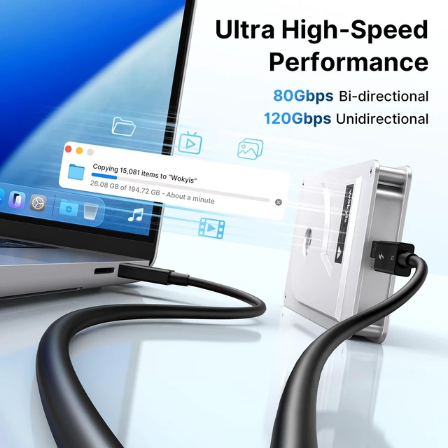 Alt view image 7 of 7 - Wokyis TBT5 Thunderbolt 5 Cable 3.3ft/1m, Intel Certified, 80Gbps/120Gbps Bandwidth Boost, 240W PD 3.1, 8K 60Hz, USB-C to USB-C, Compatible with Thunderbolt 4/3/USB4