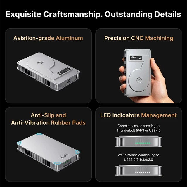 Alt view image 6 of 7 - Wokyis MT5 Thunderbolt 5 NVMe SSD Enclosure, 80Gbps, JHL9480+RTL9210, M.2 2280/2260/2242/2230, Up to 8TB, Aluminum Alloy Heat Dissipation