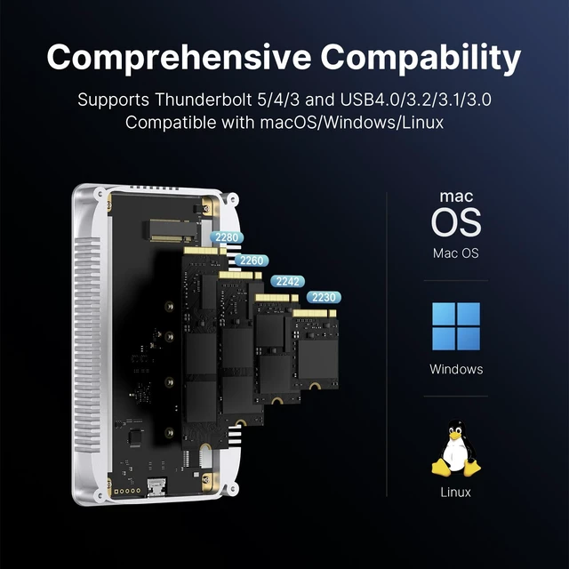 Alt view image 4 of 7 - Wokyis MT5 Thunderbolt 5 NVMe SSD Enclosure, 80Gbps, JHL9480+RTL9210, M.2 2280/2260/2242/2230, Up to 8TB, Aluminum Alloy Heat Dissipation