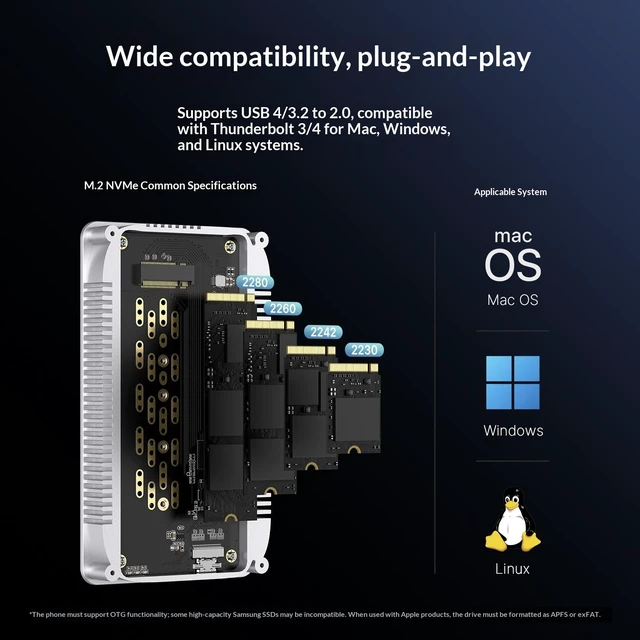Alt view image 4 of 7 - Wokyis MU4 USB4 NVMe SSD Enclosure, 40Gbps, Thunderbolt 4/3 Compatible, M.2 2280/2260/2242/2230, Up to 8TB, Aluminum Alloy Heat Dissipation