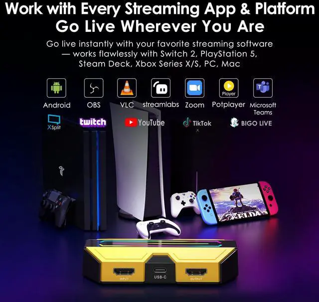 Alt view image 4 of 7 - HDMI Video Capture Card for Streaming, 4K 60Hz HDR VRR ALLM Passthrough, 1080P 240Hz, USB-C External Capture Card for PS5, Xbox Series X/S, Switch, Compatible with PC Mac, OBS Streamlabs