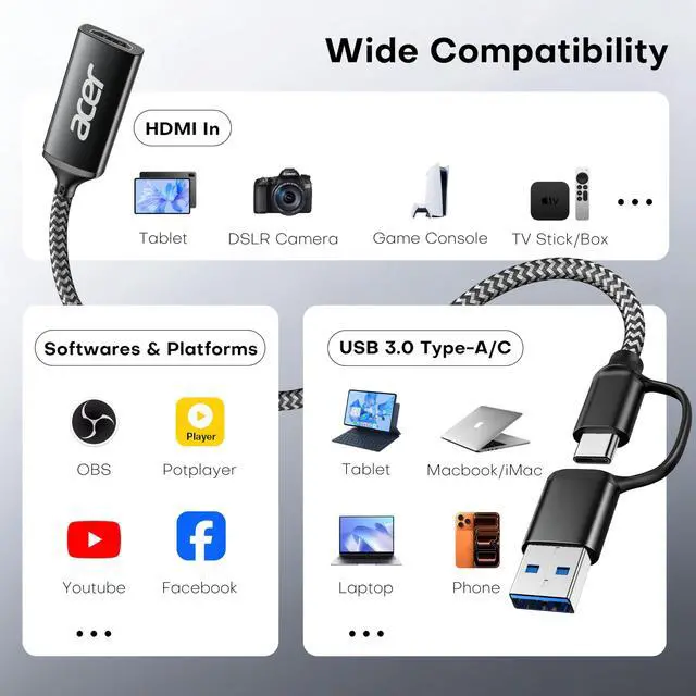 Alt view image 6 of 6 - Video Capture Card, HDMI to USB 3.0 Capture Card for Streaming, 1080P 60FPS HDMI Capture Card with Type-C/A, Compatible for Switch2, PS5/4, Quest3, Camera, OBS, Xbox