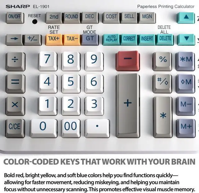 Alt view image 3 of 6 - Paperless Printing Desk Calculator w/Check and Correct, Large 12-Digit LCD Primary Display, Printing Calculator/Adding Machine with Scrolling LCD Display Replacing Paper (EL-1901)