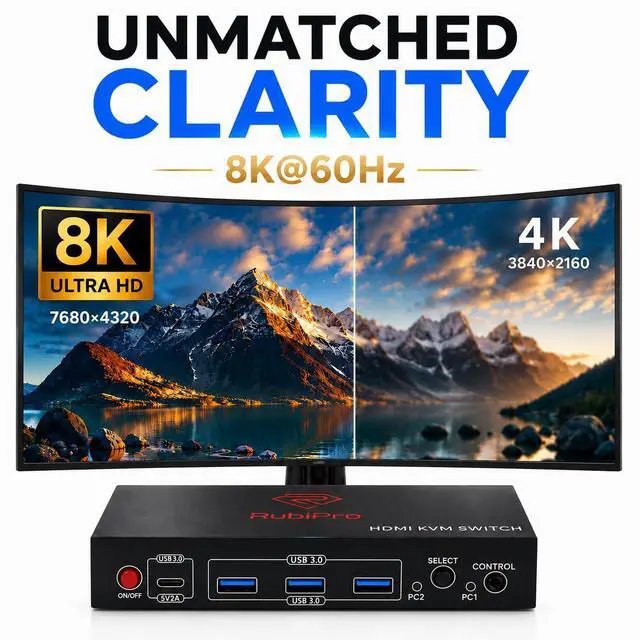 Alt view image 3 of 7 - HDMI KVM Switch 2 Monitors 2 Computers 8K@60Hz, 4K@120Hz, 4 Port USB 3.0 Hub (5Gbps), Wired Remote, Plug & Play for Windows/Mac/Linux with an additionl Braided 8K HDMI Cable