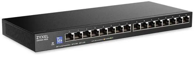 Main image of 16 Port Network Switch | Unmanaged Gigabit Ethernet Switch | 16x GbE Ports | Slim Design | Switchable DIP | Fanless | Wall Mount Kit Included | GS1100-16ES