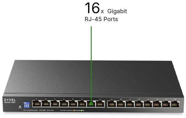 Alt view image 2 of 5 - 16 Port Network Switch | Unmanaged Gigabit Ethernet Switch | 16x GbE Ports | Slim Design | Switchable DIP | Fanless | Wall Mount Kit Included | GS1100-16ES