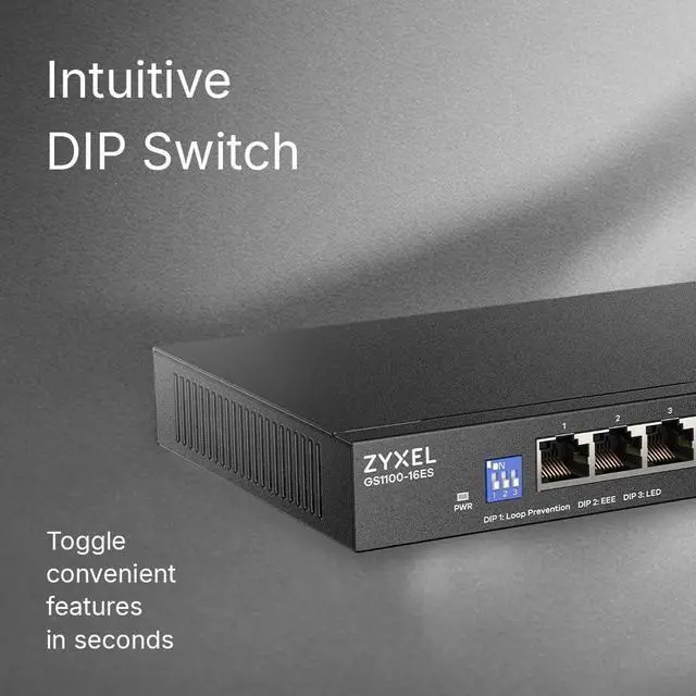 Alt view image 3 of 5 - 16 Port Network Switch | Unmanaged Gigabit Ethernet Switch | 16x GbE Ports | Slim Design | Switchable DIP | Fanless | Wall Mount Kit Included | GS1100-16ES