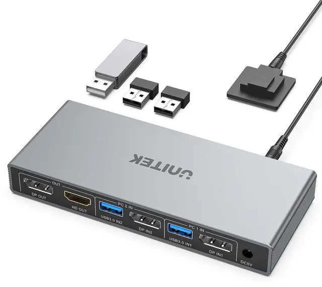 Main image of KVM Switch 2 Monitors 2 Computers DisplayPort, Dual Monitor DisplayPort KVM Switch 4K 60Hz with 4 USB 3.0 Ports for Keyboard Mouse Hard Drives Printer, Home Office Gaming, Grey