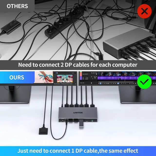 Alt view image 3 of 7 - KVM Switch 2 Monitors 2 Computers DisplayPort, Dual Monitor DisplayPort KVM Switch 4K 60Hz with 4 USB 3.0 Ports for Keyboard Mouse Hard Drives Printer, Home Office Gaming, Grey