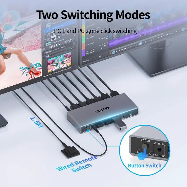 Alt view image 5 of 7 - KVM Switch 2 Monitors 2 Computers DisplayPort, Dual Monitor DisplayPort KVM Switch 4K 60Hz with 4 USB 3.0 Ports for Keyboard Mouse Hard Drives Printer, Home Office Gaming, Grey
