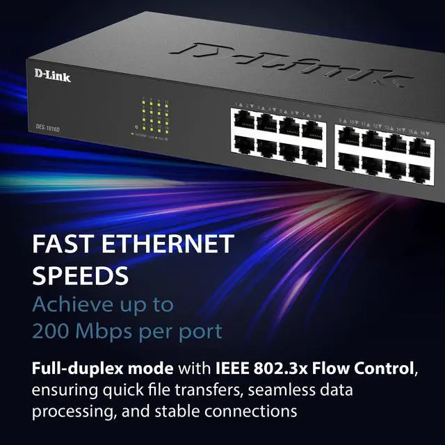 Alt view image 2 of 7 - 16 Port Fast Ethernet Switch Unmanaged 10/100 Mbps Desktop Rackmount Plug and Play Metal Housing Fanless Design EEE (DES-1016D)