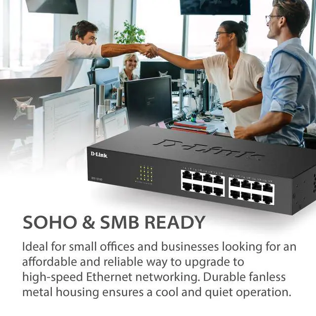 Alt view image 4 of 7 - 16 Port Fast Ethernet Switch Unmanaged 10/100 Mbps Desktop Rackmount Plug and Play Metal Housing Fanless Design EEE (DES-1016D)