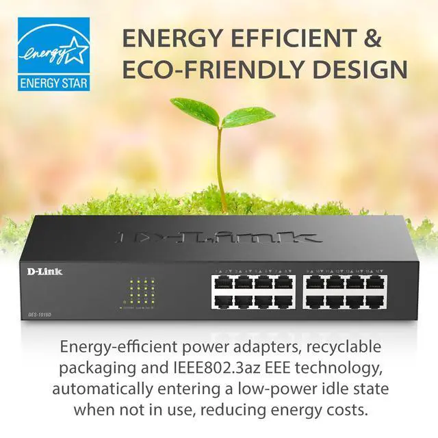 Alt view image 6 of 7 - 16 Port Fast Ethernet Switch Unmanaged 10/100 Mbps Desktop Rackmount Plug and Play Metal Housing Fanless Design EEE (DES-1016D)