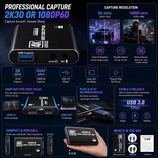 Alt view image 2 of 7 - USB 3.0 HDMI Capture Card, 1080P 60FPS & 2K30 Video Capture Device with 4K HDMI Pass-Through, Mic Input & Audio Output for OBS Streaming, PS5, Switch 2/1, Xbox1, Camera, PC