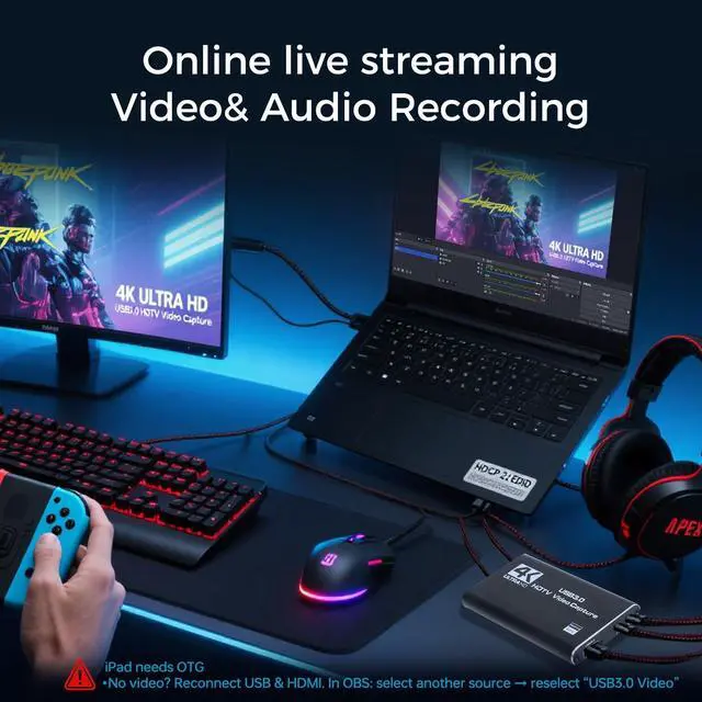 Alt view image 4 of 7 - 4K HDMI Capture Card for Streaming & Gaming, USB 3.0 Audio Video Capture Device 1080P 60FPS, Low Latency, HDMI Loop Out, Capture Card for PS5, Xbox, Nintendo Switch, PC, Mac, OBS - MSP231