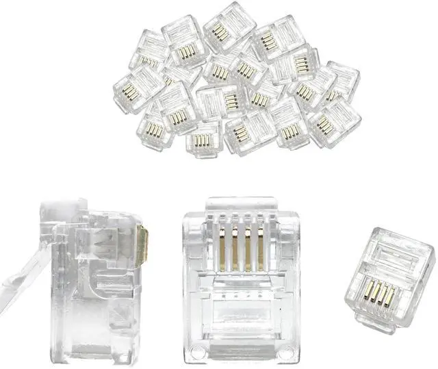 Main image of 100-Pack RJ11 6P4C Modular Plugs, Telephone Connector for Phone Line Cord, Gold Plated Contacts, Easy Crimp Design, Compatible with Both Solid and Strandard Wire, for assembly of telephone cords