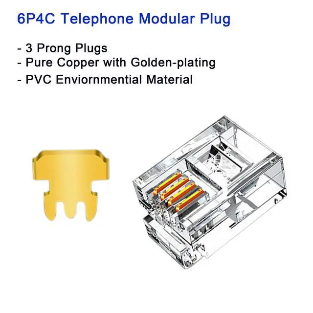Alt view image 4 of 7 - 100-Pack RJ11 6P4C Modular Plugs, Telephone Connector for Phone Line Cord, Gold Plated Contacts, Easy Crimp Design, Compatible with Both Solid and Strandard Wire, for assembly of telephone cords
