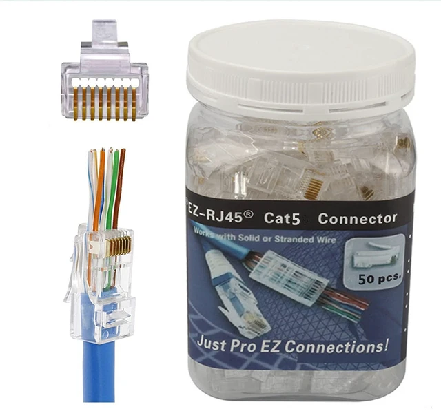 Main image of RJ45 CAT5 CAT5e Pass Through Connectors 50Pack End Ethernet 8P8C GoldPlated Modular Plug for Unshielded Twisted Pair Solid Wire Standard Cables